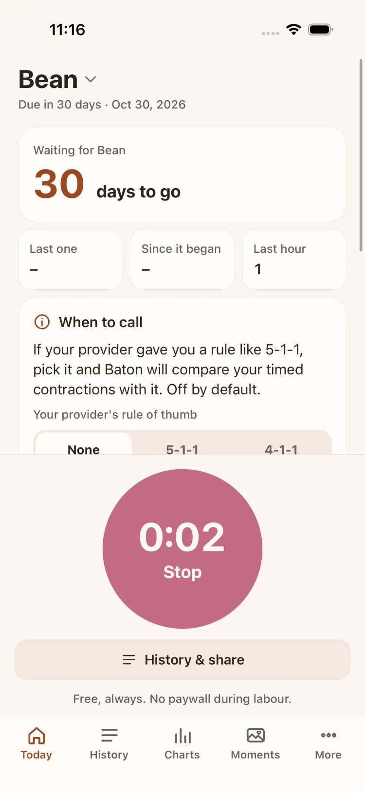 Today screen for a baby on the way: 30 days to go, the When to call card, and a large round button running 0:02 with Stop