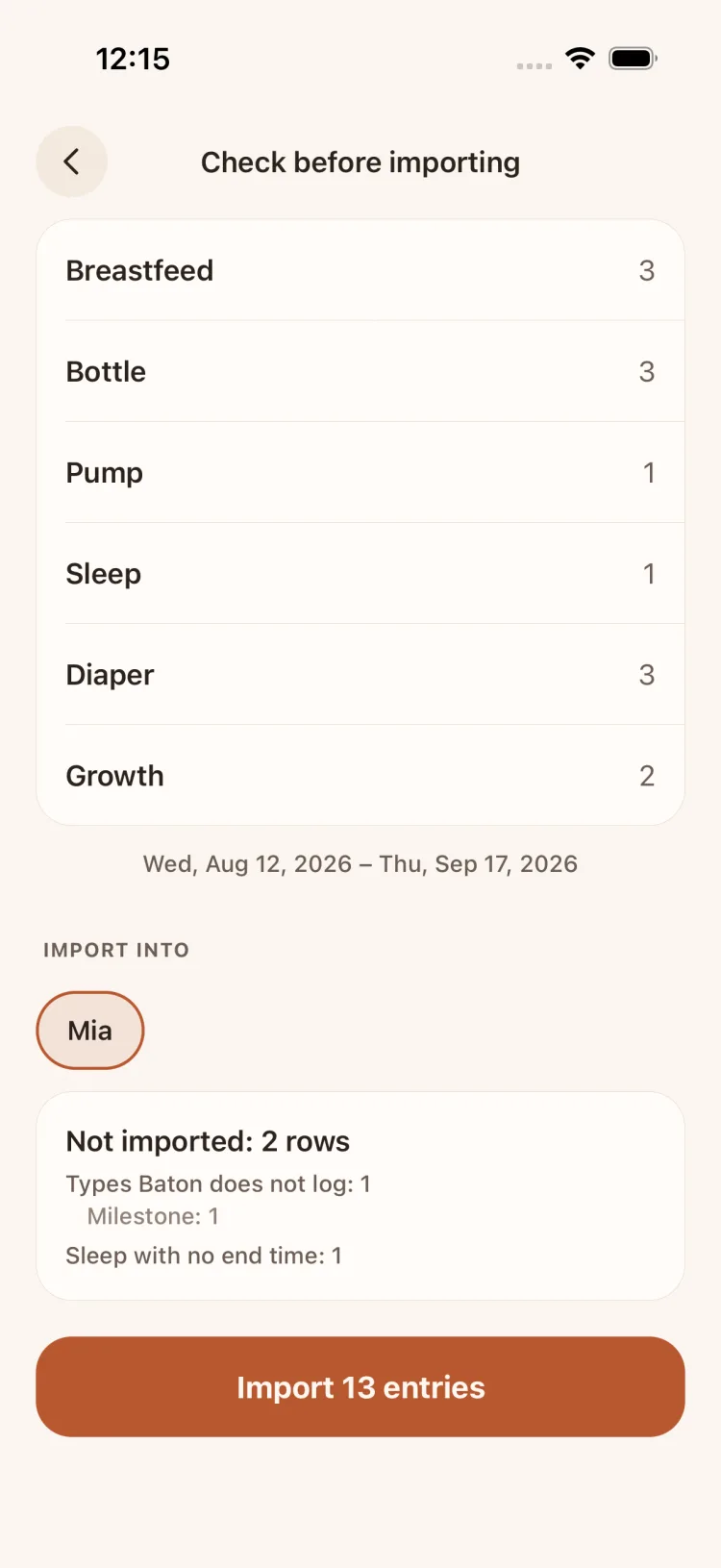 Check before importing screen: 3 breastfeeds, 3 bottles, 1 pump, 1 sleep, 3 diapers, 2 growth; 2 rows not imported with reasons; Import 13 entries button