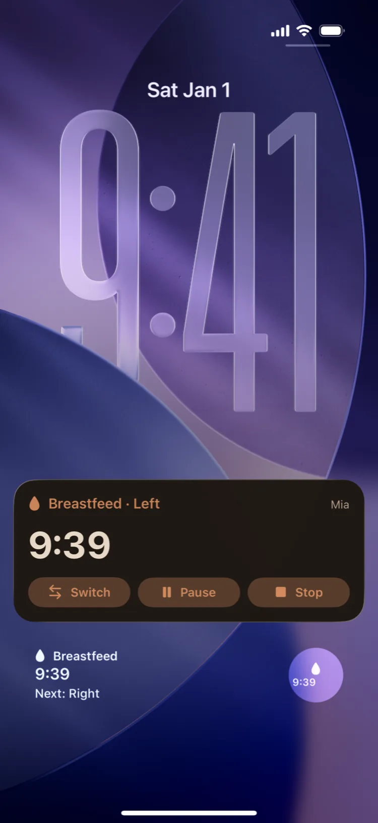 iPhone Lock Screen with Baton's Live Activity: breastfeeding on the left for 9:39, Switch, Pause and Stop buttons, and a widget showing the next side