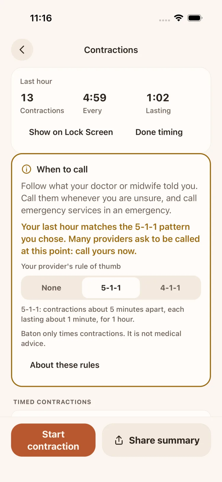 Contractions screen: 13 in the last hour, every 4:59, lasting 1:02, with a note that the last hour matches the 5-1-1 pattern you chose