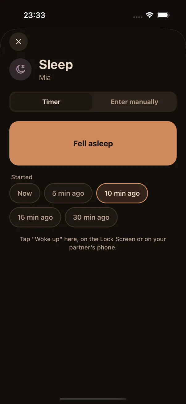 Sleep sheet in night mode with Started: Now, 5, 10, 15 or 30 min ago, and 10 min ago selected