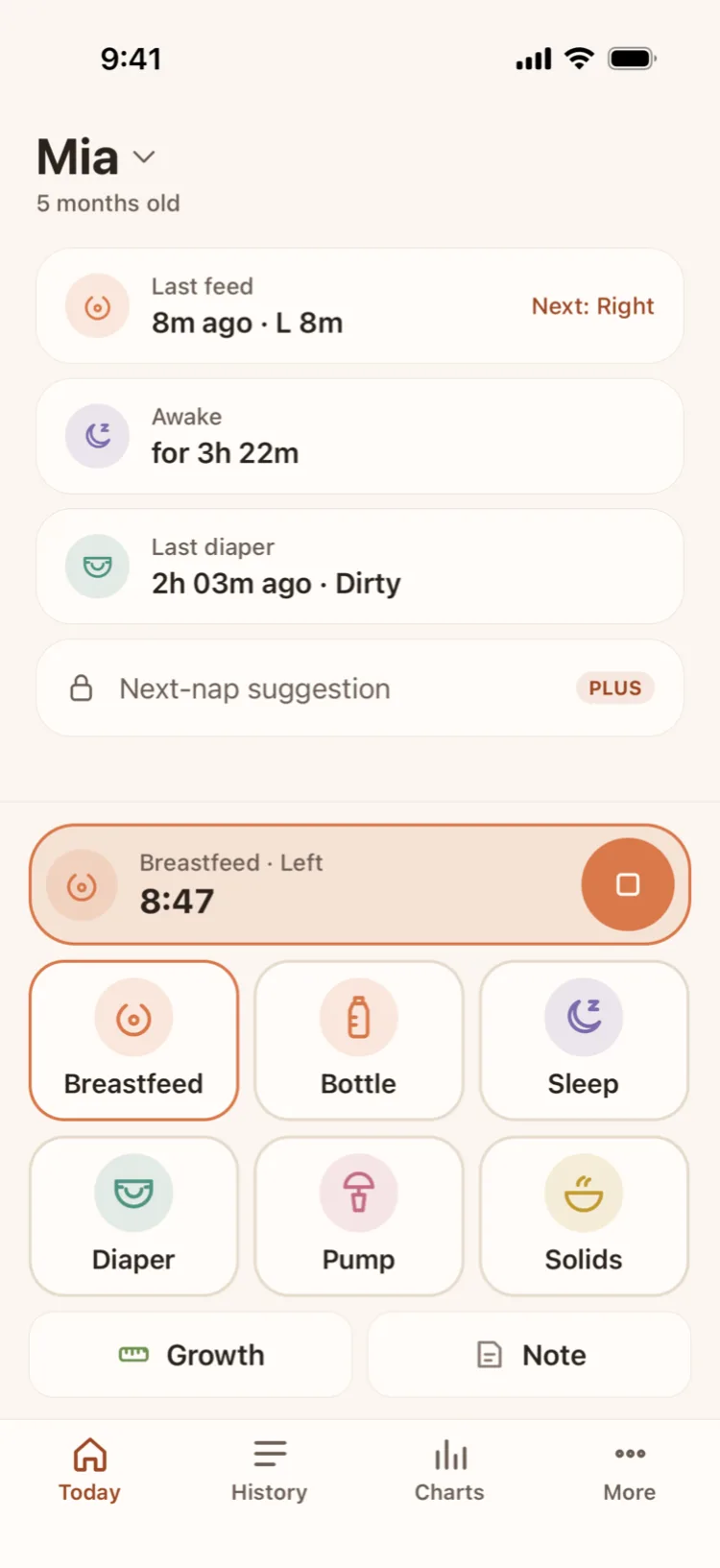 Screenshot of Baton's Today screen: the last feed and the next side, how long the baby has been awake, the last diaper, a running breastfeeding timer and large log buttons
